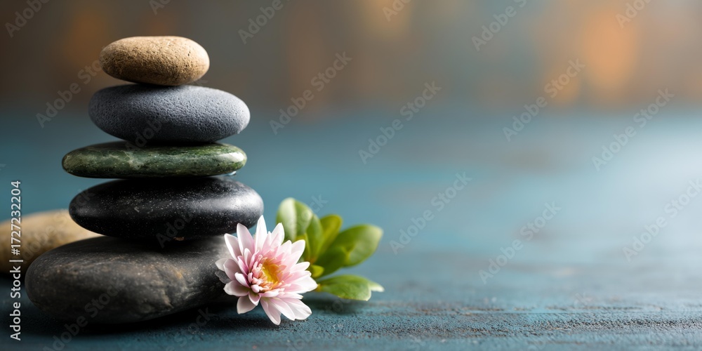 Fototapeta premium Stack of rocks and a pink flower