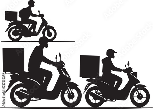 Black and white illustration of three scooter delivery riders with cargo boxes — urban logistics and transport silhouettes