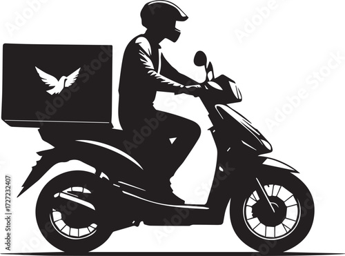 Black and white delivery rider illustration on scooter with helmet and cargo box featuring bird graphic — silhouette line art