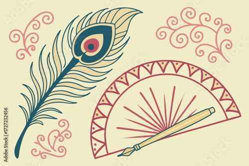  peacock feather, traditional indian fan, gold paint brush, calligraphy, traditional indian patterns, colorful, vibrant, intricate details, ornate, decorative