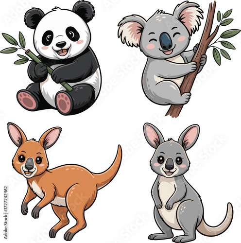 set of vector Panda, Koala, Kangaroo, Wallaby on white background