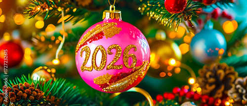 Pink Christmas Ornament 2026. Rose Gold Tree Bauble. Pastel Holiday Decoration. Soft Pink New Year Ornament