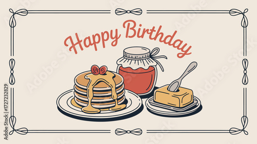 Celebrate a happy birthday with a delightful stack of pancakes dripping with syrup, alongside homemade jam and creamy butter, all framed in a vintage decorative border for a sweet celebration
