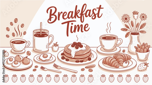 Delightful breakfast time illustration featuring coffee, pancakes, croissants and eggs, perfect for menus, blogs, and social media posts related to food and lifestyle, inviting warm and cozy vibes