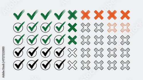 Ensure success with checkmarks and crosses, representing choices and decisions in vibrant green, black, and orange, perfect for presentations, websites, and visual aids needing clarity, acceptance