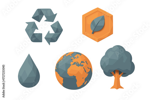 Collection of environmental conservation symbols including recycling arrows, green leaf badge, water drop, global planet Earth, and a stylized tree representing nature and sustainability