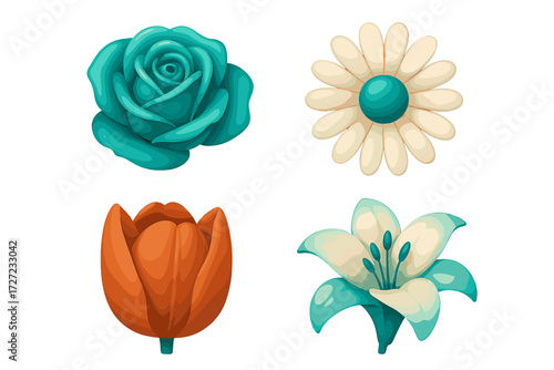 Beautiful stylized floral collection featuring a rose, daisy, tulip, and lily blossoms in vibrant teal and orange hues