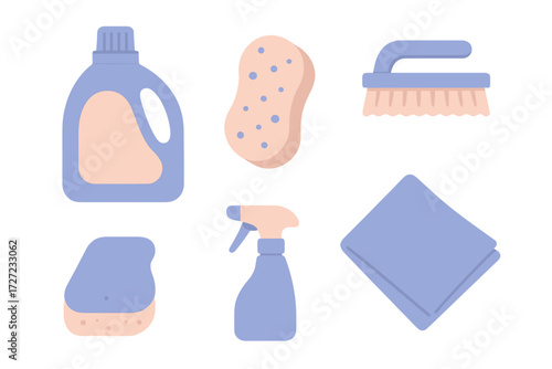 Household cleaning supplies collection featuring detergent bottle, sponges, scrub brush, spray, and cloth