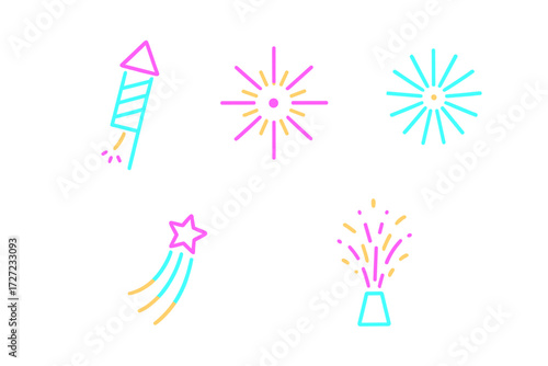 Vibrant celebration elements with fireworks, festive rocket, shooting star, and confetti popper for parties and holidays