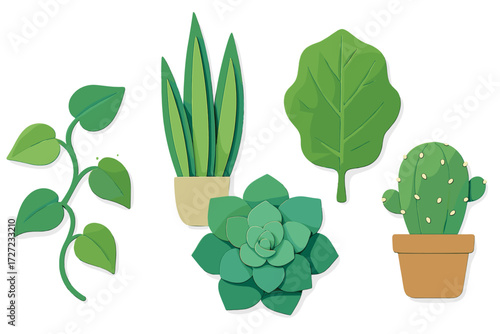 Stylized collection of green houseplants and succulents including a snake plant, cactus, and trailing vine with layered shapes