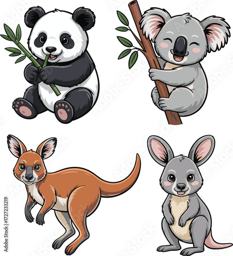 set of vector Panda, Koala, Kangaroo, Wallaby on white background