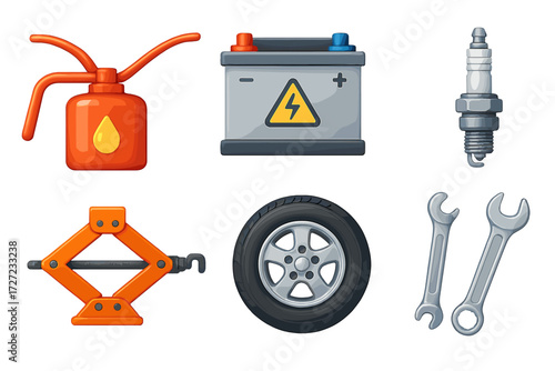 Collection of essential automotive repair tools and vehicle components including battery, tire, spark plug, and wrenches for car service
