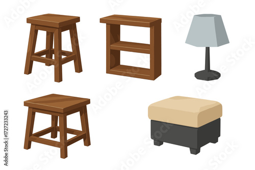 Collection of essential home furniture items including wooden stools, a small shelf, a table lamp, and an upholstered ottoman