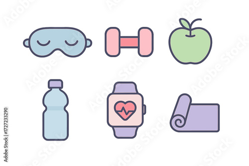 Various health and wellness items including sleep mask, dumbbell, apple, water bottle, smartwatch, and yoga mat