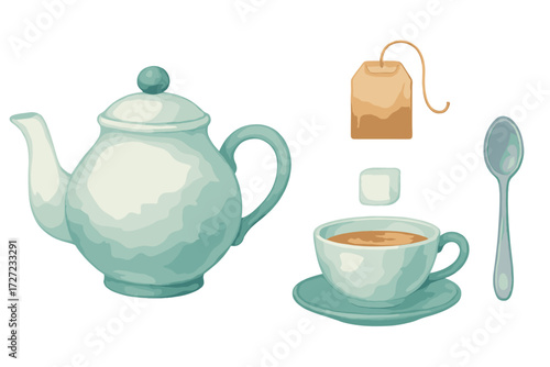 Classic ceramic teapot teacup tea bag sugar cube and spoon arrangement for a relaxing hot beverage moment