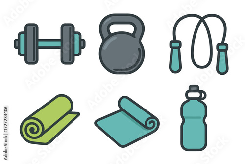 Fitness and exercise equipment set for healthy lifestyle, workout routine, and physical activity