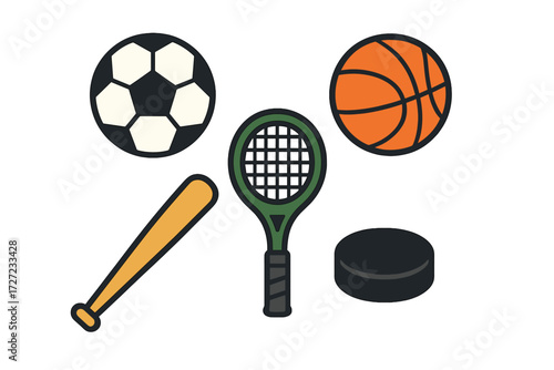 Diverse collection of sports equipment for various athletic activities, featuring balls, rackets, bats, and pucks