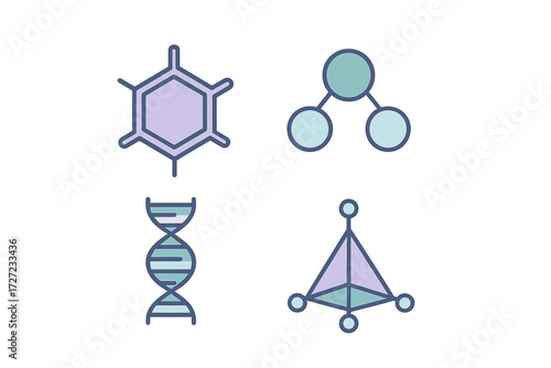 Abstract scientific molecular structures featuring DNA helix and chemical bond diagrams for biology, chemistry, and physics education