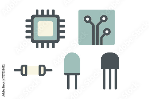 Assortment of semiconductor and passive electronic devices including microchip, resistor, LED, and transistor elements
