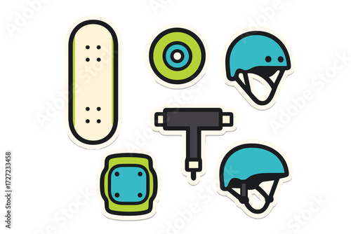 Skateboarding equipment and safety gear set with helmets, pads, skateboard deck, wheel, and skate tool