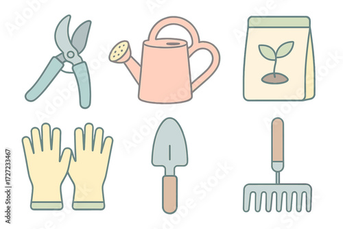 Assortment of essential gardening tools and equipment for planting, cultivating, and maintaining a home garden