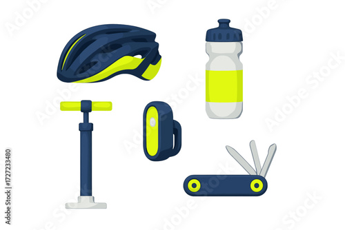 Essential cycling gear and bicycle accessories including helmet, water bottle, pump, light, and multi-tool