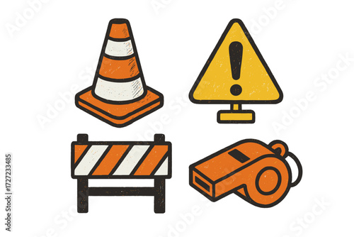 Essential safety equipment and warning signs for construction sites and road work areas with traffic cone, barrier, and whistle