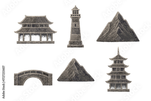 Textured Asian temple, pagoda, stone bridge, lighthouse, and mountain range in a scenic landscape