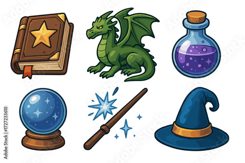Collection of fantasy magic items including spellbook, green dragon, potion, crystal ball, magic wand, and witch hat