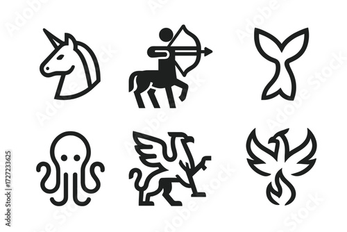 Mythical creatures and sea animals collection with unicorn, centaur, mermaid, octopus, griffin, and phoenix