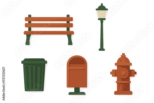 Collection of urban park elements including bench, street lamp, trash can, waste bin, and fire hydrant