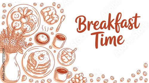 Delicious breakfast time illustration with pancakes, coffee and pastries, perfect for a cozy morning vibe, inviting designs, cheerful cafe promotions, and scrumptious culinary projects
