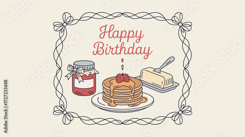 Delightful Happy Birthday greeting with pancakes, strawberries, jam, and butter, perfect for celebrations and sweet moments, adding a touch of joy to your special day