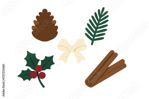 Festive holiday season elements set with pinecone, evergreen branch, holly, cinnamon sticks, and decorative bow