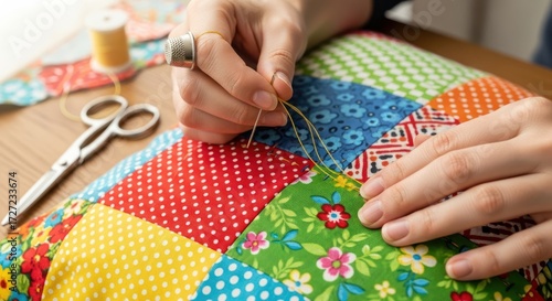 Close-up of hands sewing a colorful patchwork quilt with needle and thread on a wooden table.