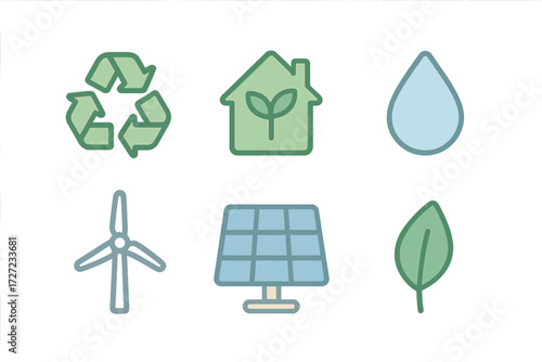 Set of environmental sustainability icons including recycle symbol, green house, water drop, wind turbine, solar panel, and leaf
