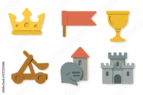 Detailed collection of medieval kingdom elements including a royal crown, kingdom flag, ornate goblet, powerful catapult, knight's helmet, and a grand castle