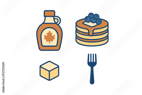 Delicious breakfast food items including fluffy pancakes, fresh blueberries, sweet maple syrup, creamy butter, and a metal fork