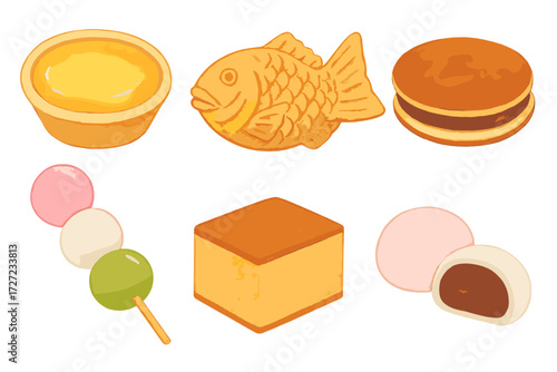 Assortment of traditional Japanese wagashi sweets including taiyaki, dorayaki, dango, and mochi