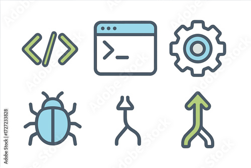 Essential software development icons including programming code, terminal, settings, bug, and version control symbols