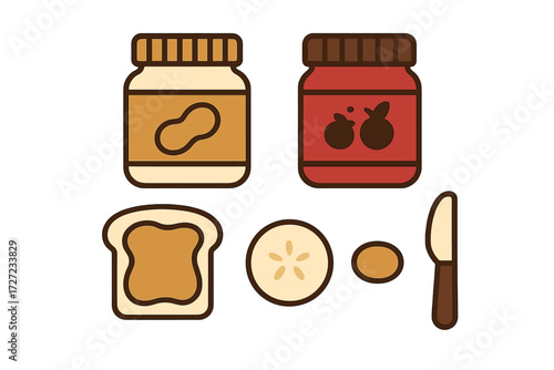 Classic breakfast spread with peanut butter and fruit jelly jars, toast, banana, and knife