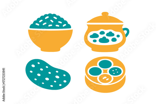 Collection of stylized food icons featuring a bowl of rice, cooking pot with stew, whole potato, and plate of dumplings