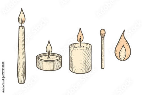 Burning wax candles set with taper, tea light, and pillar forms, accompanied by a matchstick and isolated fire flame