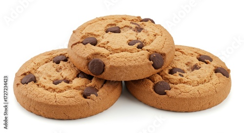Three chocolate chip cookies stacked neatly on a white background.