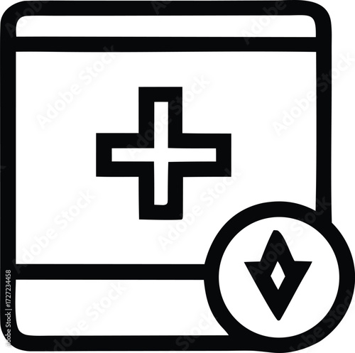Modern healthcare icon representing medical records and patient care with a plus symbol and compass navigation