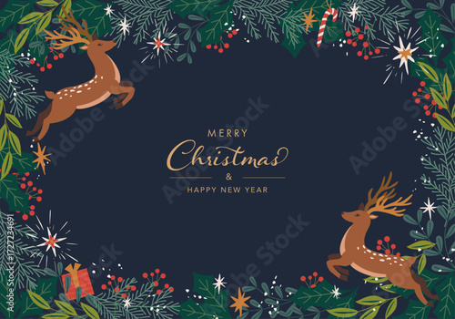 ヒイラギやトナカイで装飾したクリスマスカード。フラットなデザイン。ベクター背景。