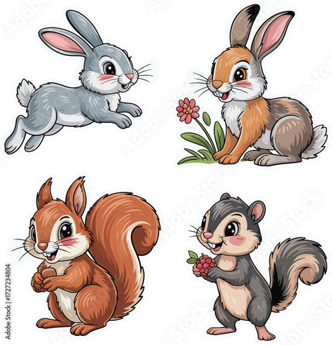 set of vector Rabbit, Hare, Squirrel, Chipmunk on white background