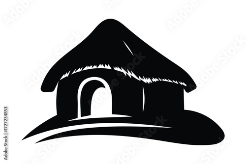 Black silhouette of a traditional hut with thatched roof, rural house, and simple architecture. Perfect for village, countryside, farming, culture, or heritage themed vector design.