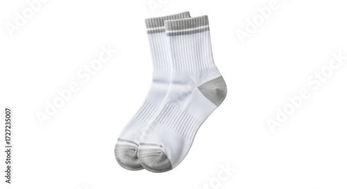 Pair of white socks with grey trim for athletic or everyday wear isolated PNG with Transparent Background