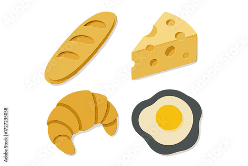 Delicious breakfast food items including a fresh baguette, a slice of cheese, a golden croissant, and a fried egg in a modern layered paper cut style